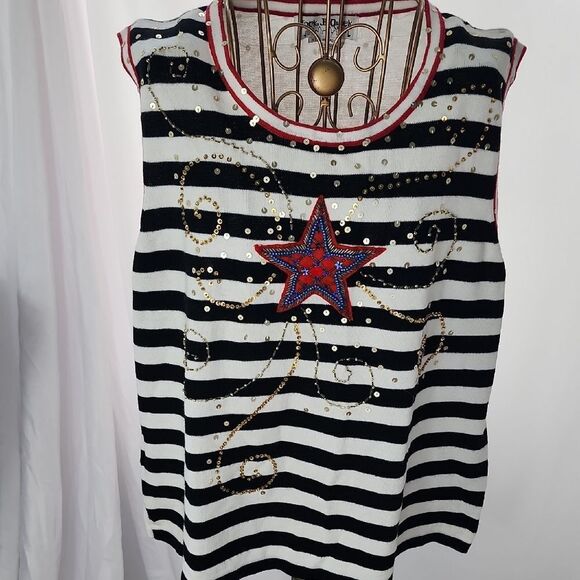Nautical Patriotic Sleeveless Sweater Beaded Sequined Scrolls Stripes Star XL - Picture 1 of 5